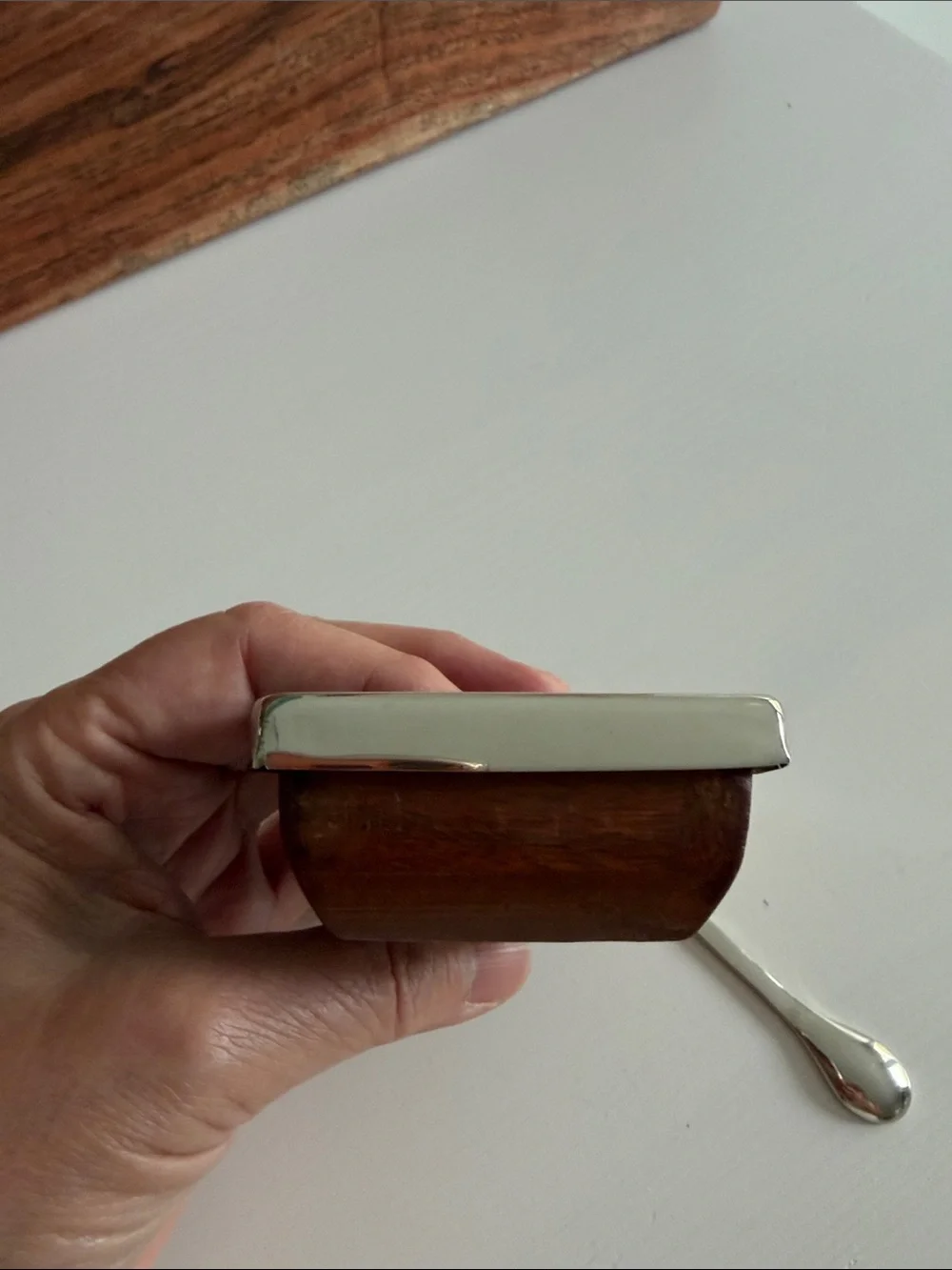 Pottery Barn Wood and Metal Boat Table Top Salt & Pepper Cellar with Spoon